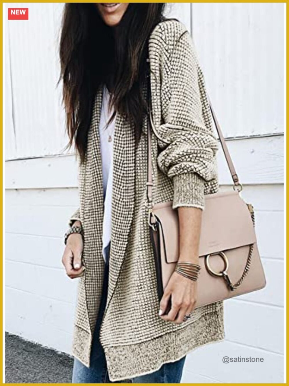 Oversized Checkered Chunky Knit Cardigan Long Sleeve Open Front Coat - Picture 2 of 7